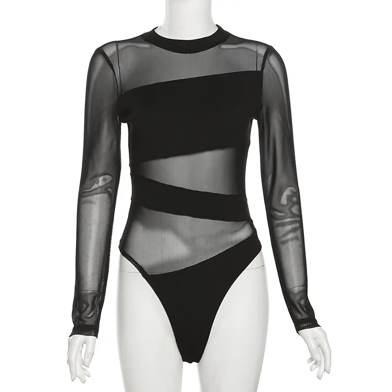 BKLD 2024 Autumn Fashion Women Trending Clothing New Sexy Perspective Mesh Patchwork Slim Fit Long Sleeve Tops Black Bodysuits