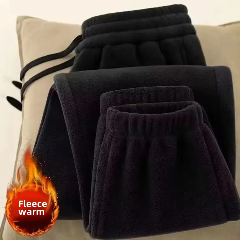 Men's Double-Sided Fleece Lined Thickened Winter Sports Casual Long Pants Elastic Waist Sweatpants Pure Color Skateboarding