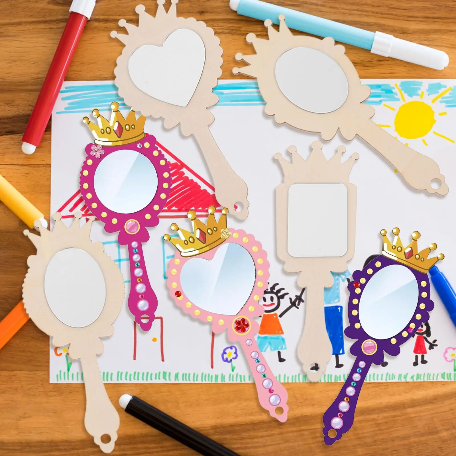 1 Set Small Wooden Mirror Unfinished Wooden Hand Mirrors Kids DIY Painting Toy Crafts Princess Mirrors for Girls Christmas gifts