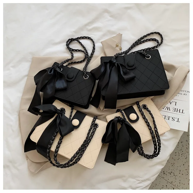 Elegant Square Shoulder Bag For Women With Chain Strap And Ribbons_voghion.com
