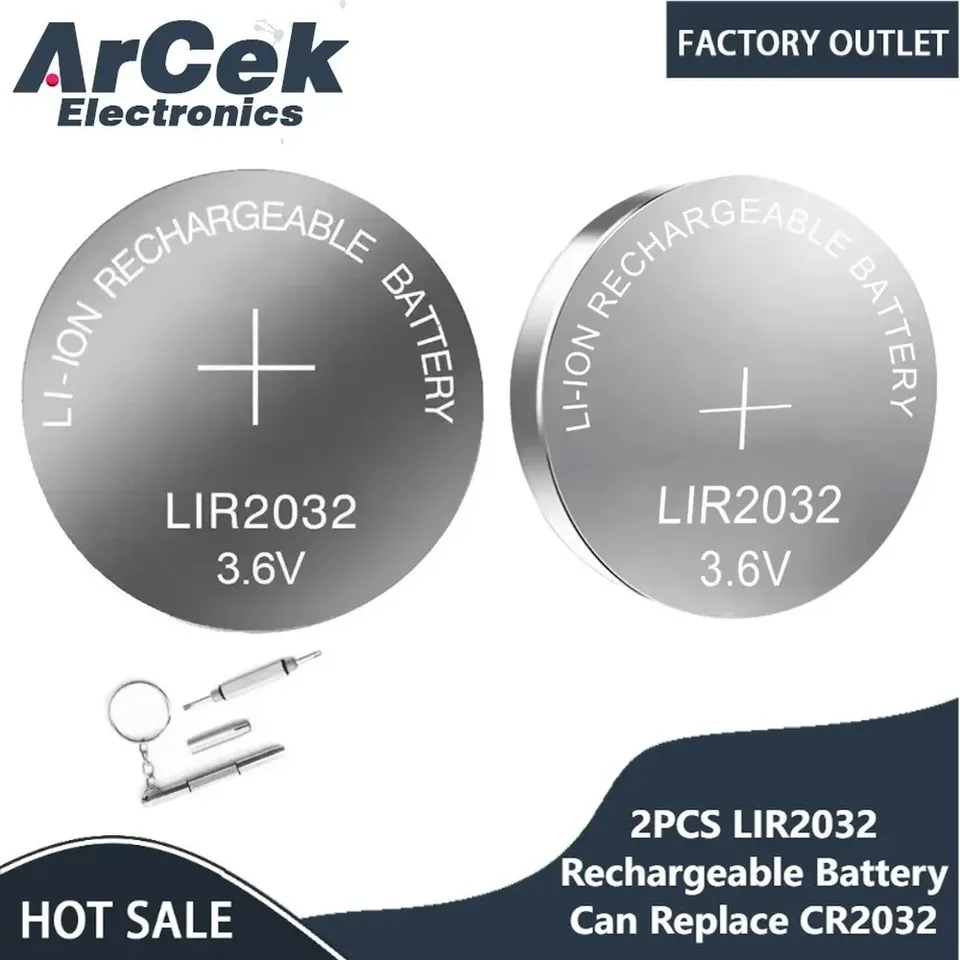 2PCS LIR2032 Rechargeable Battery Coin Cell 3.6V Lithium Batteries for Watch Car Remote Computer Replaces LIR 2032 CR2032/ML2032