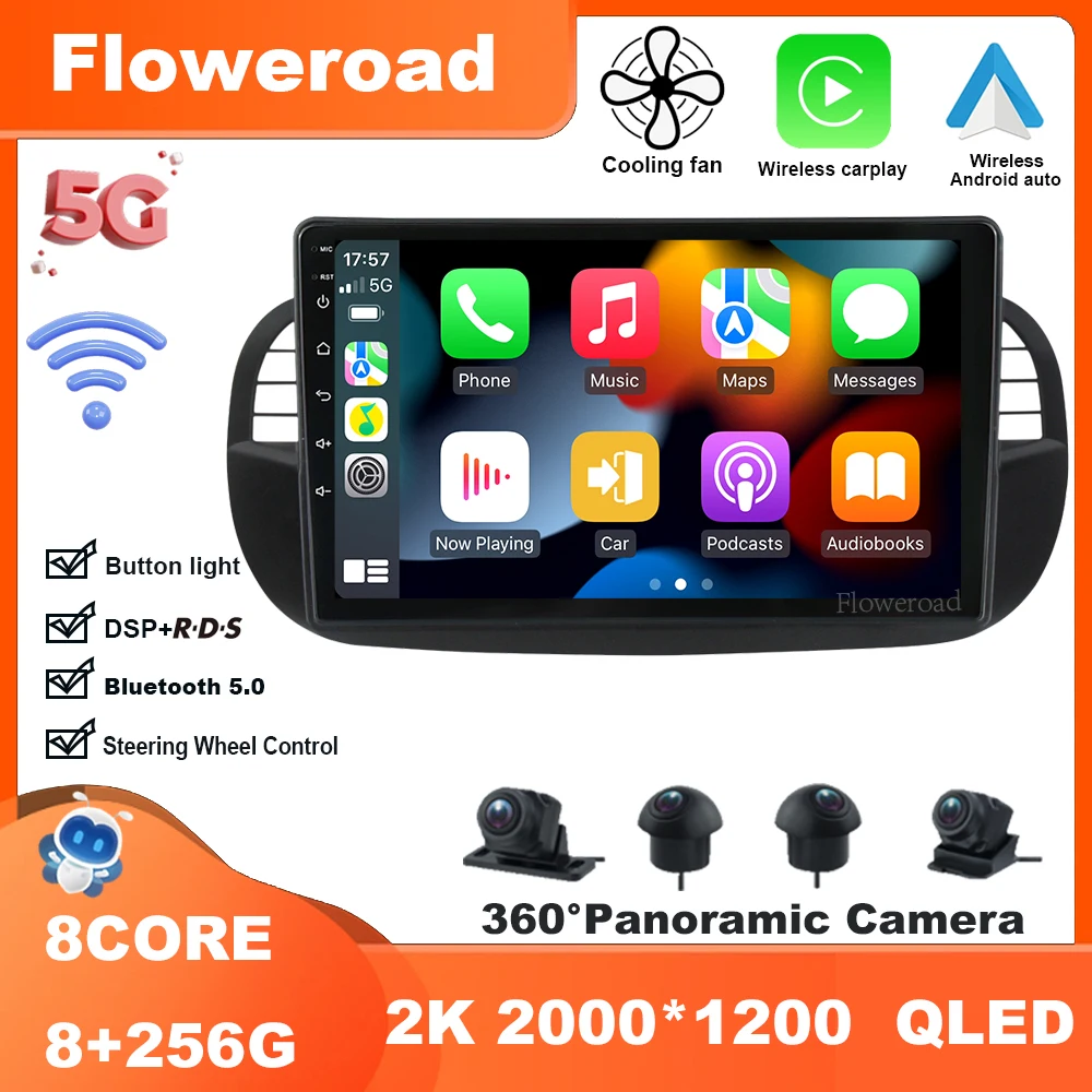 Per Fiat 500 2007 - 2015 Android 12 Autoradio Lettore Video Multimediale Navigazione Stereo Gps Carplay Auto Bt5.0 5Gwifi