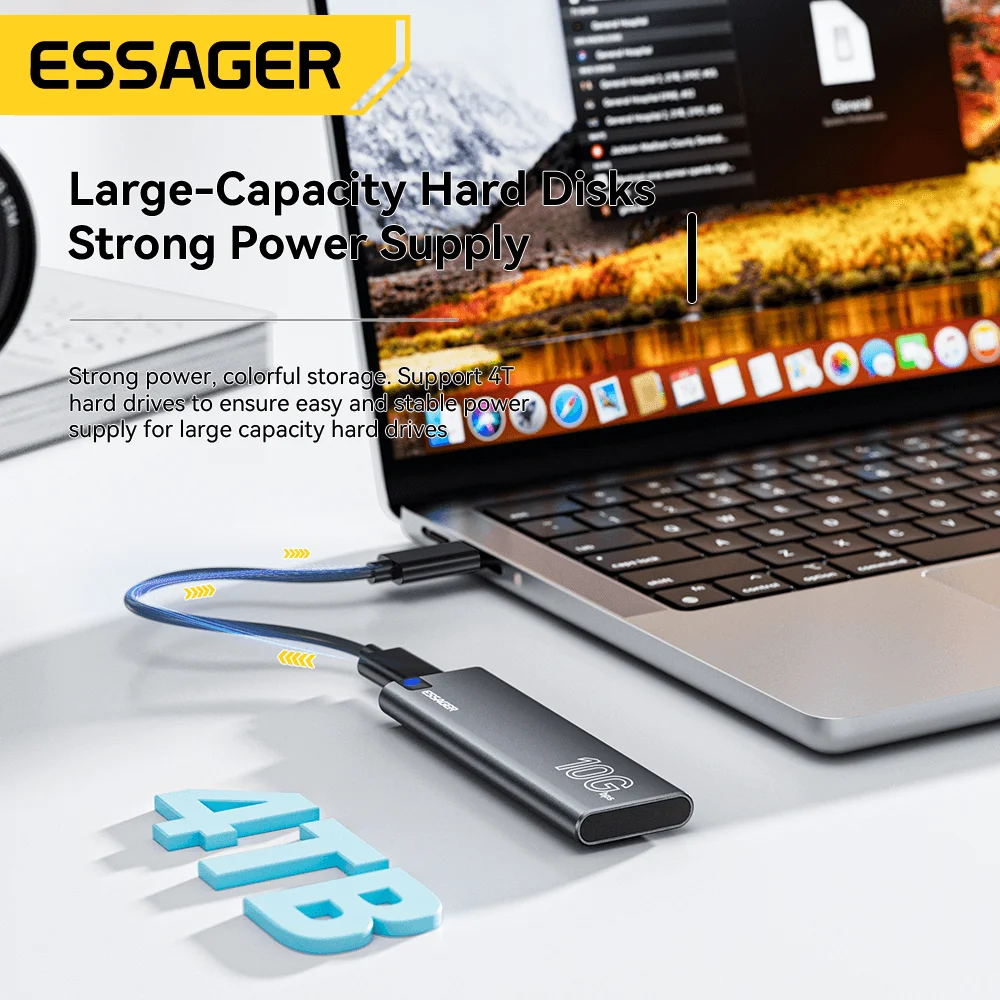 Essager M.2 SSD Case Portable NVME SATA USB 3.2 Type C External Hard Disk Box 10GbPS High-Speed Storage Enclosure HDD Enclosure External Hard Drive Housing M2 SSD Enclosure Hard Disk Case