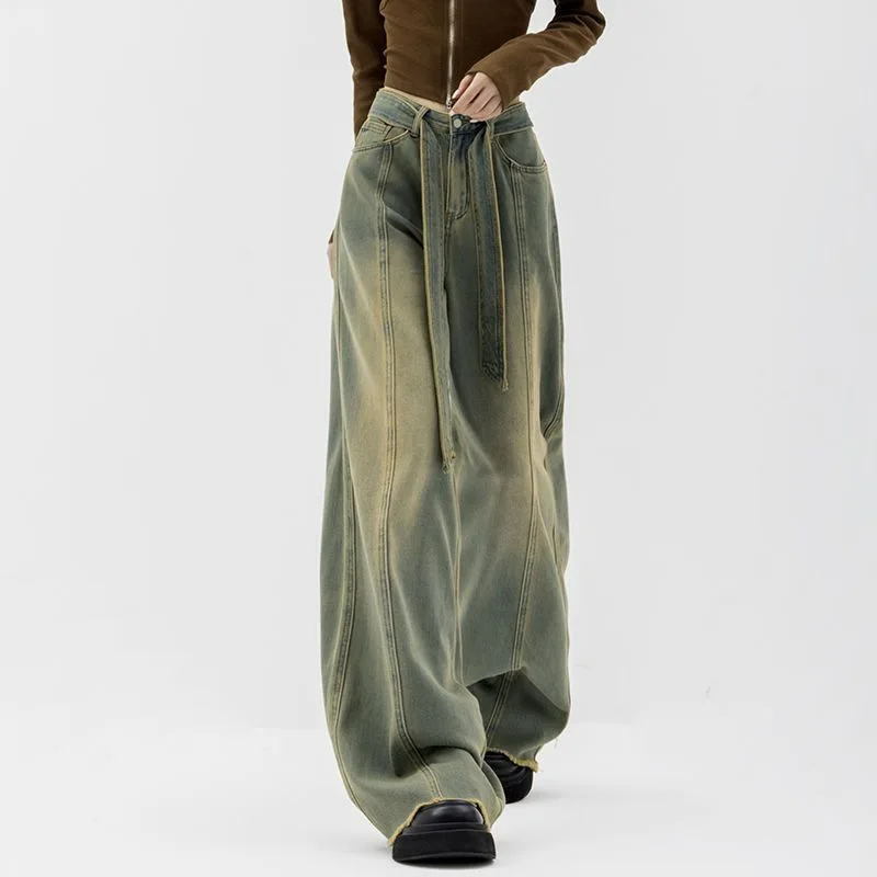 Denim Planet Street Style Drag Pants Pleated Jeans Women's Open Waist Straight Leg Loose High Street Wide Leg Pants