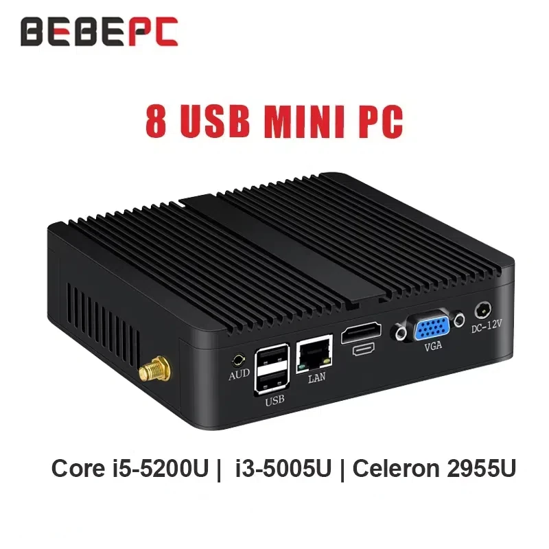 Mini PC BEBEPC Fanless Mini Intel i7 4500U i5 4200U 8USB Gigabit Ethernet HDMI VGA Display Win10/11 Linux Ubuntu Set Top Box Computer