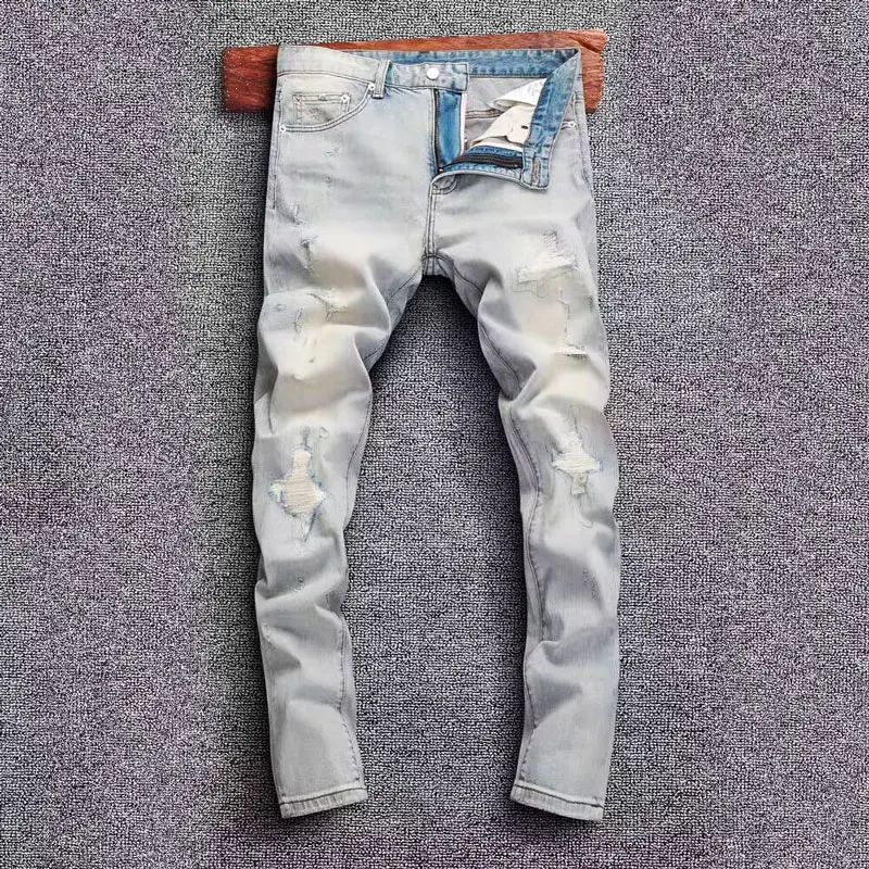 Fashion Designer Men Jeans Retro Washed Light Blue Elastic Stretch Slim Fit Ripped Jeans Men Broken Hole Vintage Denim Pants