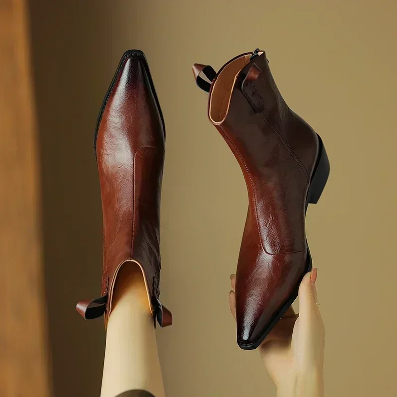605642-b86a6e.jpg 2026 Autumn/winter Women Boots Genuine Leather Western Boots Women Shoes Pointed Toe Chunky Heel Chelsea Boots Retro Ankle Boots - Image 1
