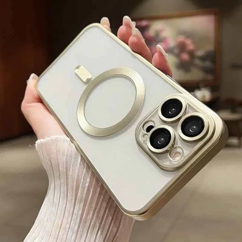 thumbnail image 1 of Luxury Plating Frosting Titanium Frame Case For IPhone 15 14 13 12 11 Pro Max Plus Clear Magsafe Magnetic Wireless Charge Cover, 1 of 5