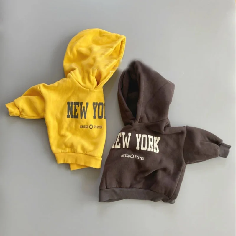 Children Sweatshirt Winter New Fashion Letter Print Baby Fleece Hoodie Toddler Boy Long Sleeve Warm Hooded Sweatshirt Baby Plus Velvet Hoodie