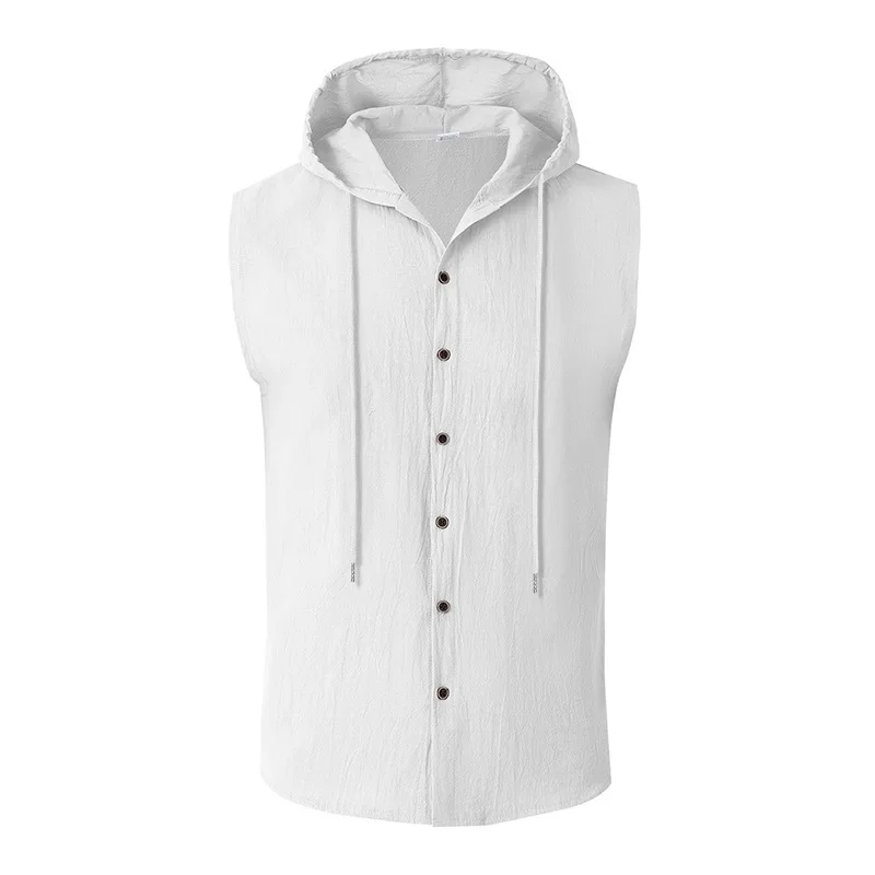 Summer Men's Linen Hooded Sleeveless Shirt Loose Casual Breathable Waistcoat Male Solid Thin American Style Beach Shirts Vests_viptrois.com