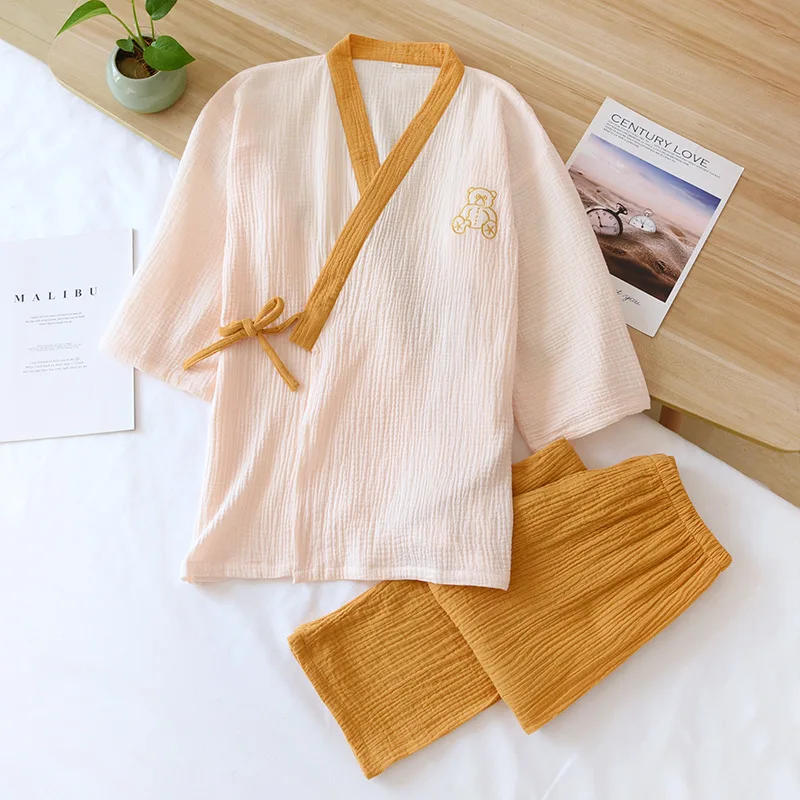 Spring/Summer New Japanese Kimono Suit Ladies 100% Cotton Crepe Pajamas Long Sleeve Pants Two Piece Loose Lace Up Homewear