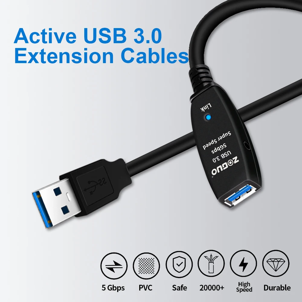 Zoguo Ativo Usb3.0 2.0 Extensão Cabo Extensor Macho para Fêmea 5gpbs Velocidade Rápida para Smart Computador Portátil tv Xbox um Ssd 10m 15m 20m