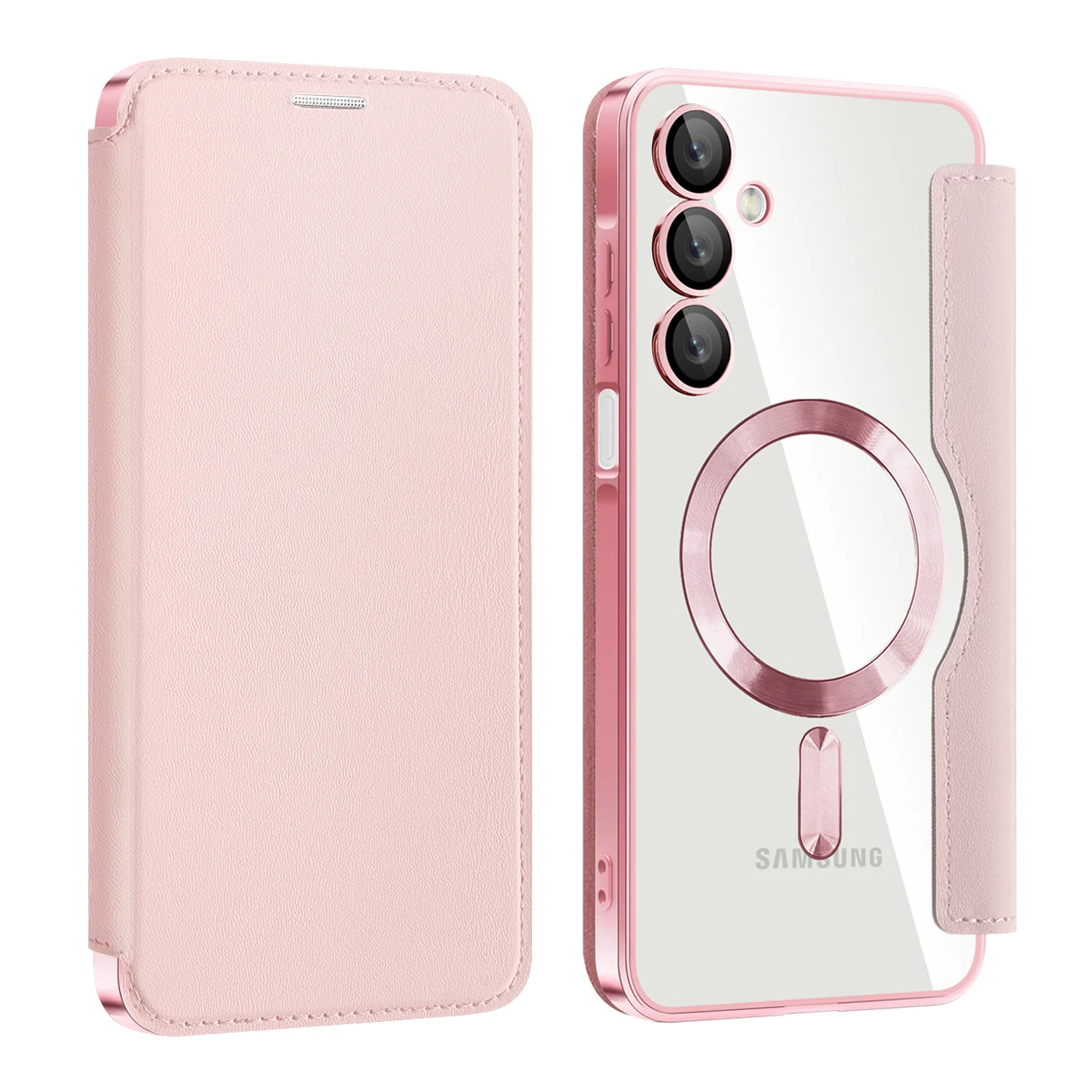 Premium Flip Magnetic Leather Case with Wireless Charging & Transparent Card Slot