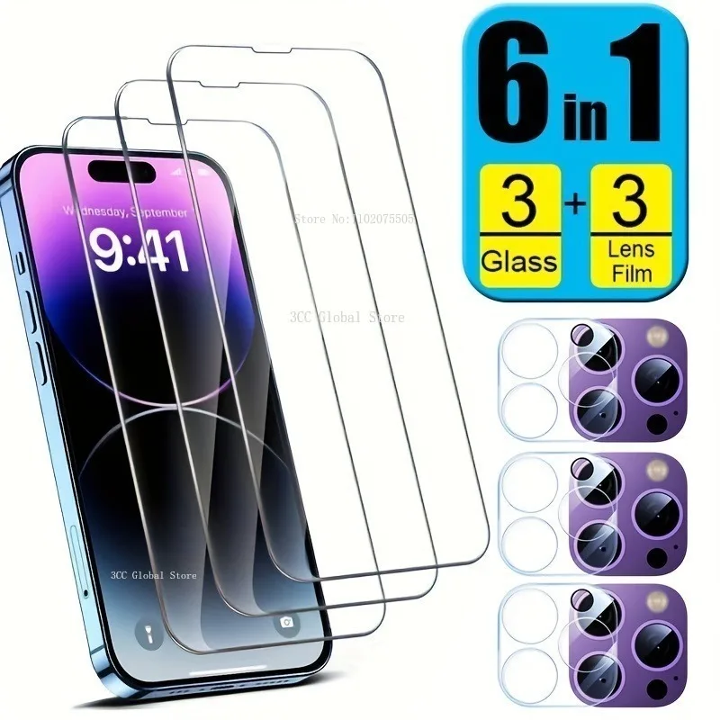 

6 в 1 3 шт. Защитная пленка для объектива + 3 шт. защитное закаленное стекло для экрана для IPhone 15 14 Pro Max 13 12 Mini 11 Pro 15 Ultra