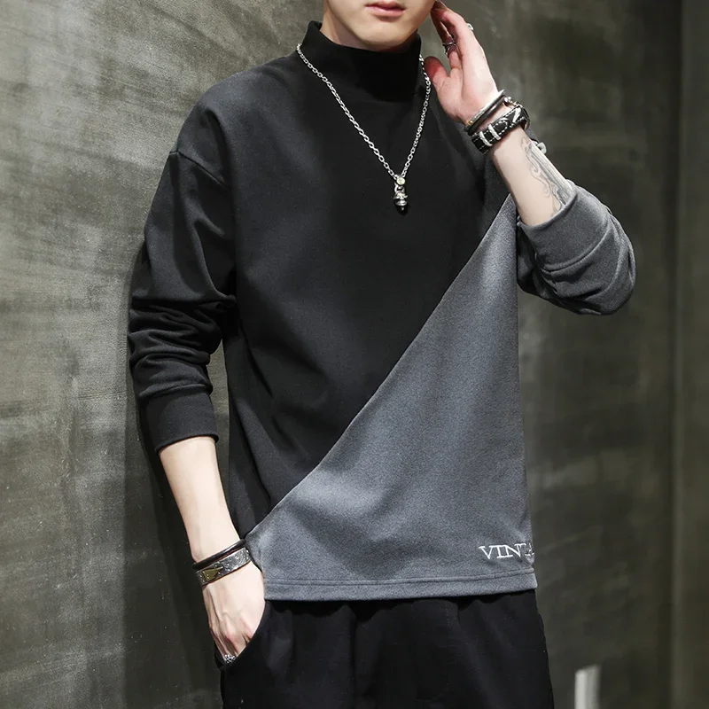 

Casual Half High Collar Sweatshirts Men's Clothing Stylish Contrasting Colors Spliced Spring Autumn Letter Embroidery Pullovers