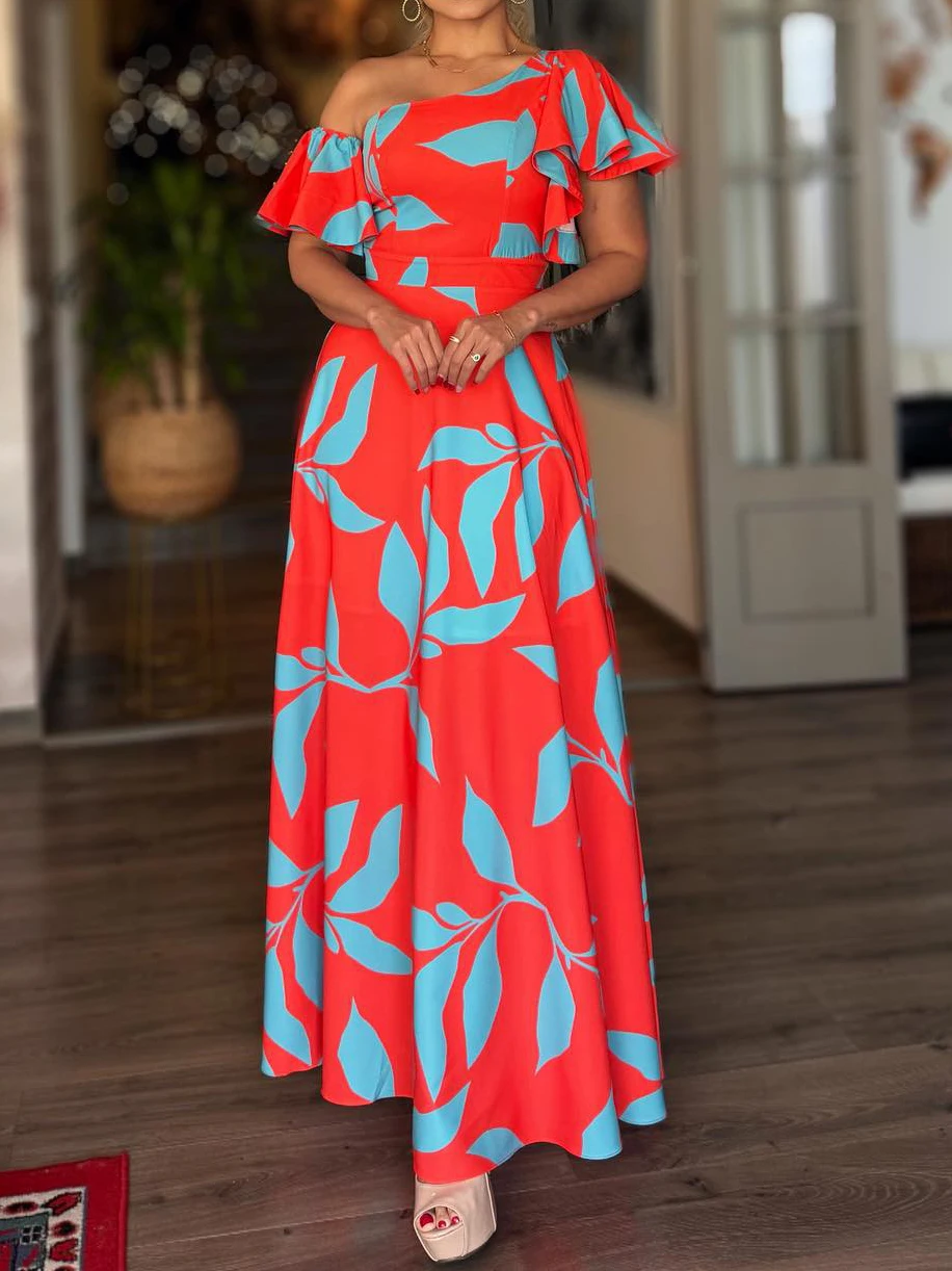 

Women's Elegant Printed Long Dresses,Sleeveless One Shoulder Casual Straples, Vacation Ruffle Trim Split A line Dress For Spring