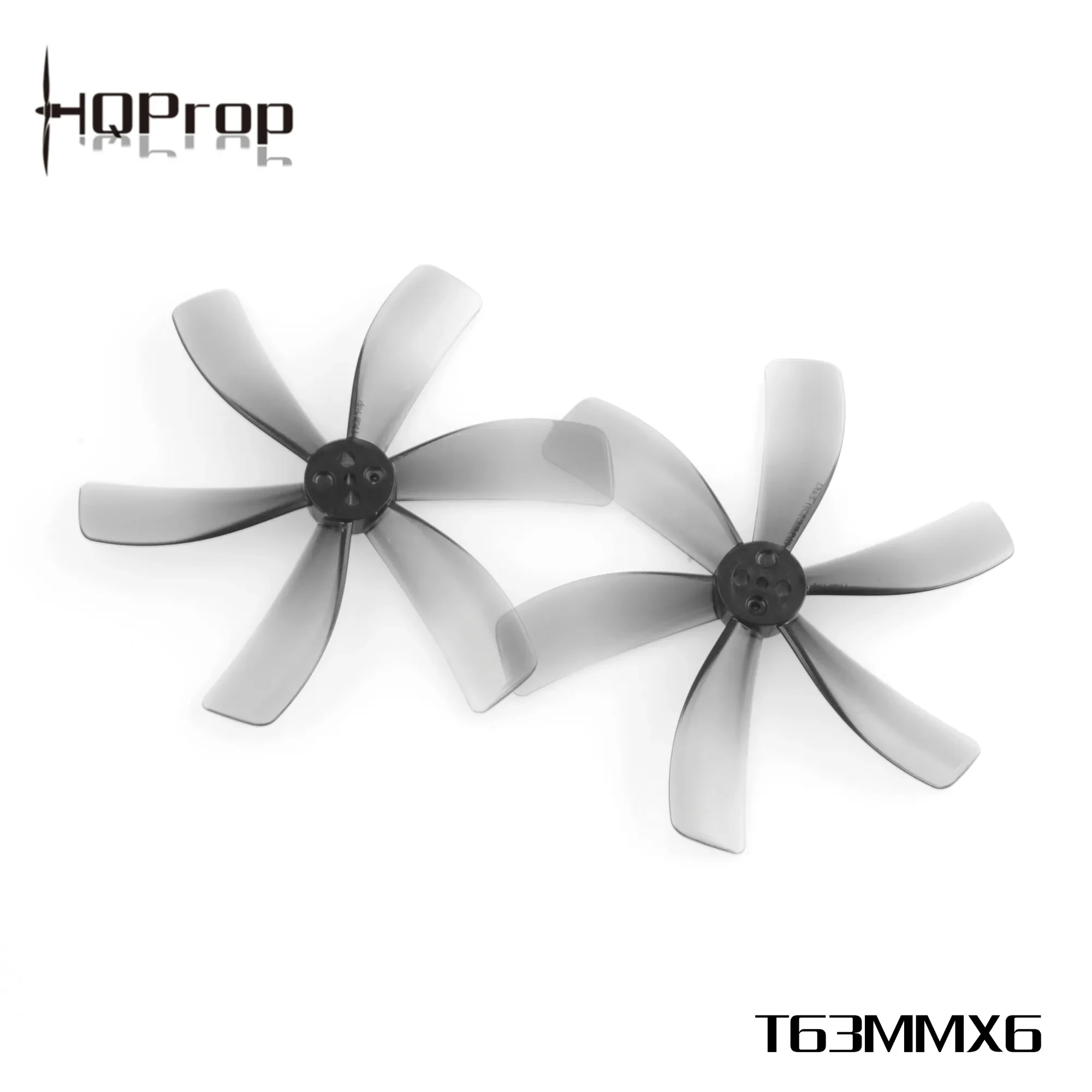 Vue rapprochée d'une hélice drone 63mm 6 lames en polycarbonate, montrant la finesse des pales.