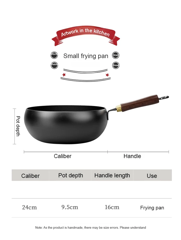 Handmade Pure Iron Non-Stick Frying Pan - Big Belly Flat Bottom Cookware for Gas Stove