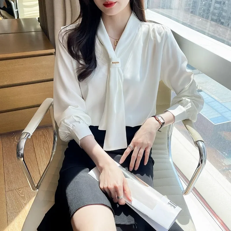 오피스 레이디 쉬폰 블라우스 및 상의, 긴팔 화이트 셔츠, 타이 V넥 루즈 셔츠, 여성 의류, 신상 패션