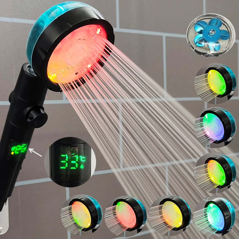Led Digital Temperatura Display Cabeça de Chuveiro Ventilador Colorido Alta Pressão Chuva Chuveiro Cabeça Botão Parar Controle