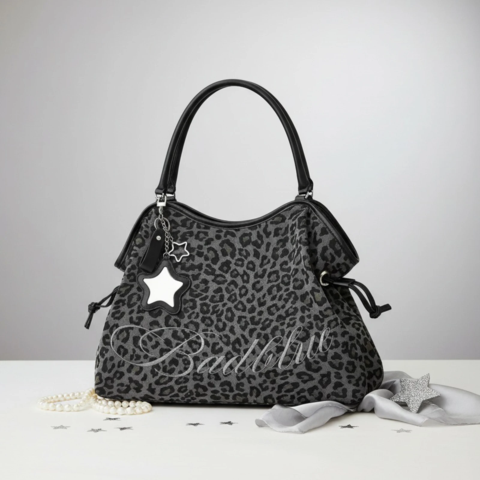 Y2K BadBlue Embroidered Leopard Print Tote Bag Large Capacity Shoulder Bag with Star Mirror Pendant Korean Trendy Women Handbag 4