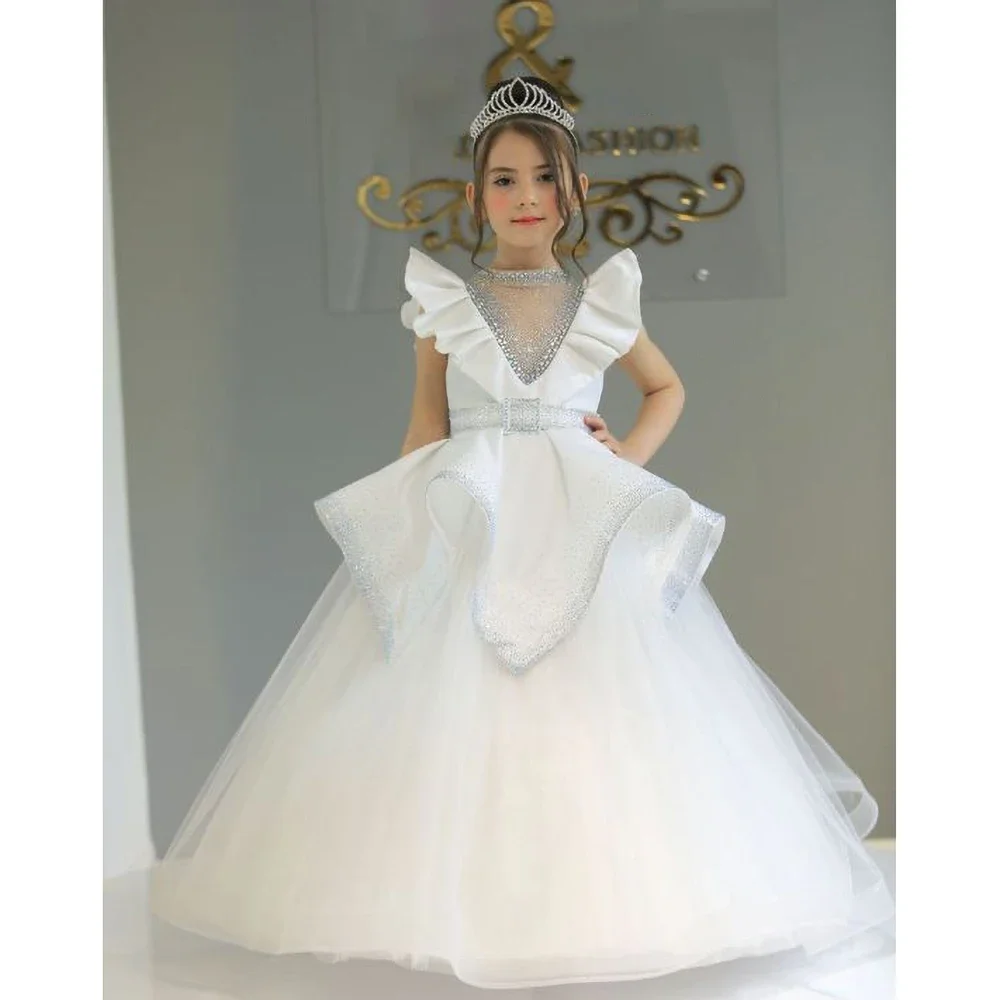 Classic Crew Neck Girl Dresses Sequined Fashion Ruched Floor Length A-Line Birthday Party Gowns Pageant Wedding Dresses