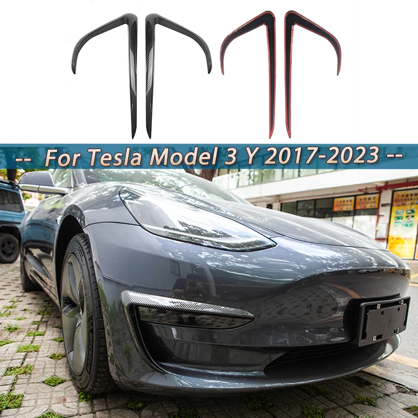 

Чехол для переднего бампера Tesla Model 3 Y 2017-2023, ветровой нож из АБС-пластика, глянцевая черная противотуманная фара, отделка карбонового образца, зеркальная бровь