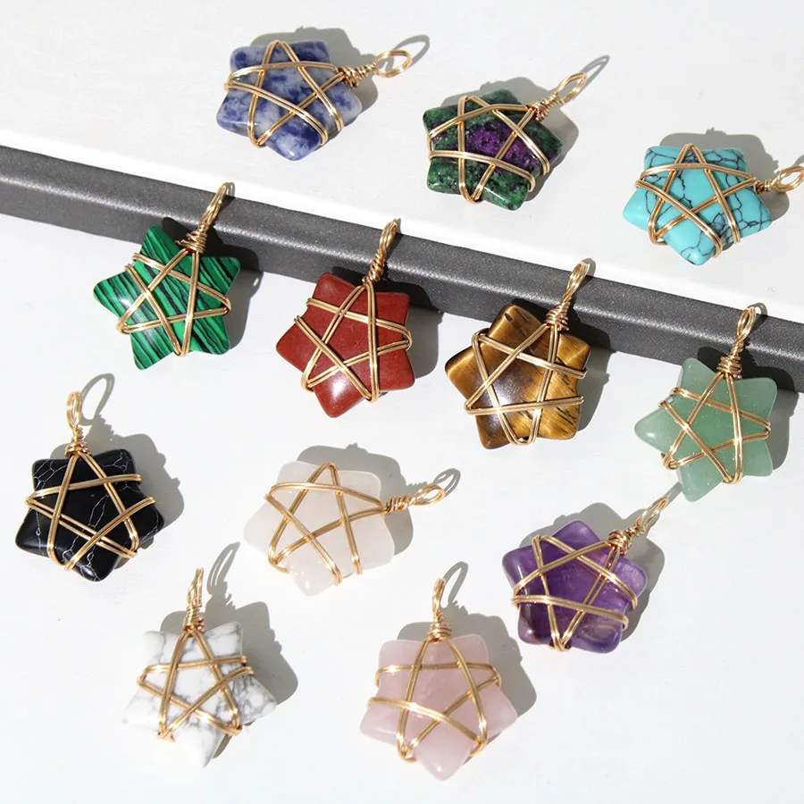 20 قطعة الحجر الطبيعي كريستال دلاية شكل نجمة اليد السلكية التفاف الأحجار الكريمة سحر ل عقد دي اي واي صنع المجوهرات هدية الكريسماس الإكسسوارات