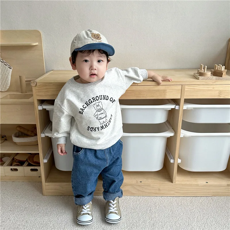 

2023 Autumn Korean Baby Boys 2PCS Clothes Set Cotton Letter Cartoon Loose Pullovers Denim Jeans Suit Toddler Boys Outfits