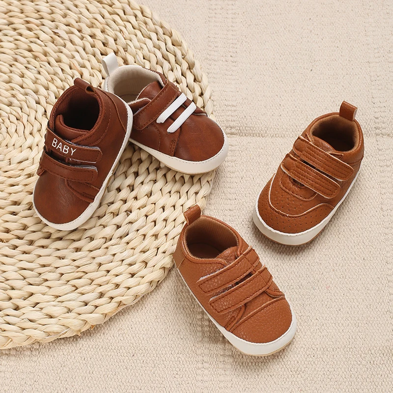Baby Shoes 0 to 18 Month for Toddler Boys and Girls Baby Sneaker Soft PU Leather Brown Rubber Sole Non-Slip Casual Shoes