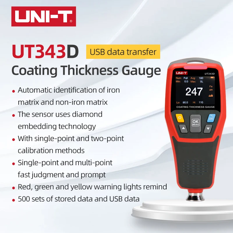 UNI T UT343D AUTO Metal Coating Thickness Gauge FE/NFE auto Recognition Single point Multi point
