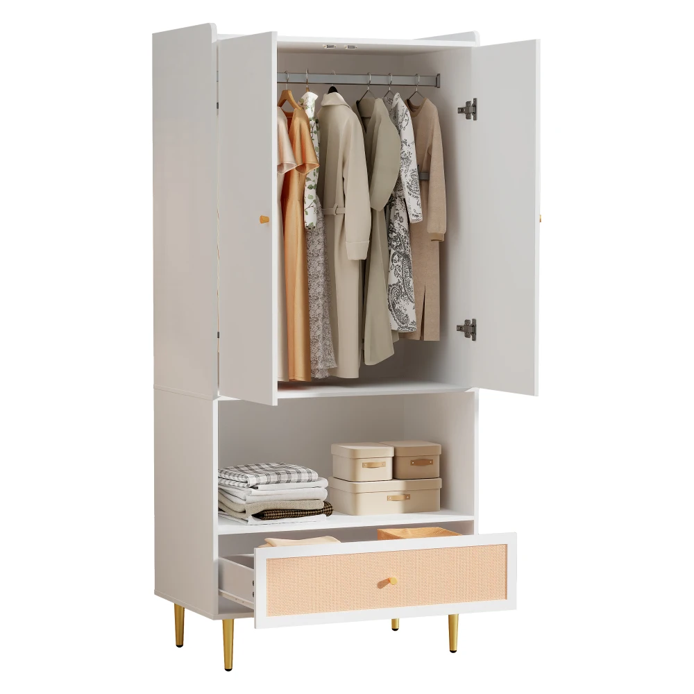 Großer Rattan-Schubladenschrank mit 2 Türen, Schlafzimmerschrank mit Metallbeinen und Griffen, 80x48x175 cm Aufbewahrungsorganizer – Detail 16