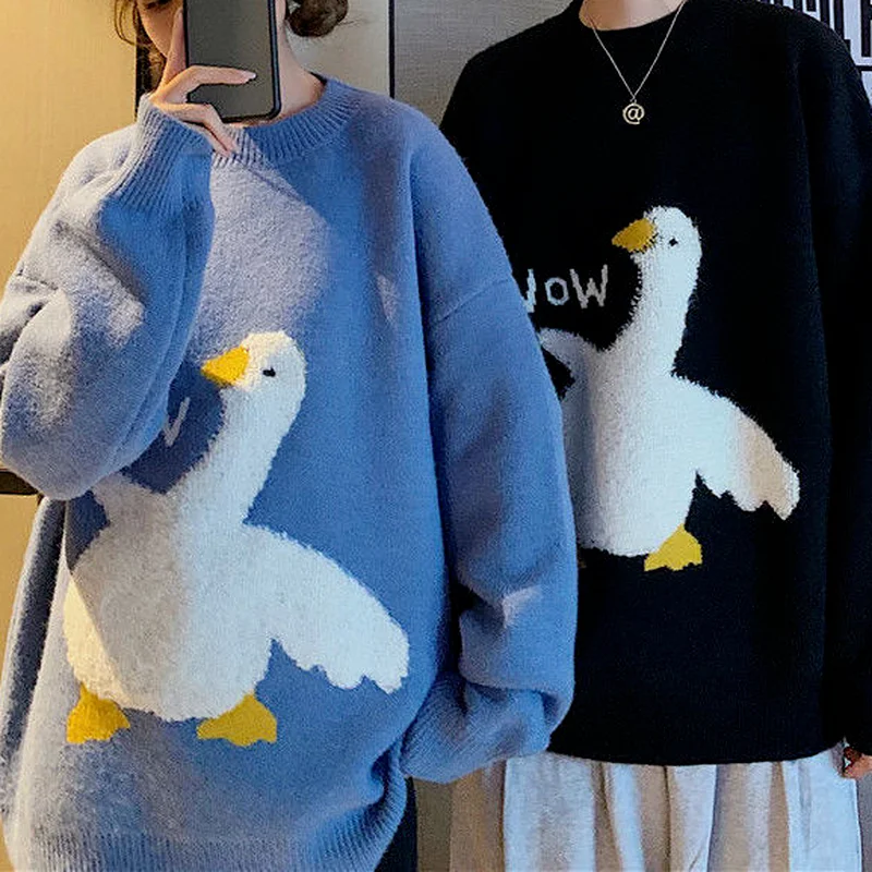 

Korean Style Cartoon Goose Print Knitted Sweater Women Oversize Long Sleeve Jumper Pullover