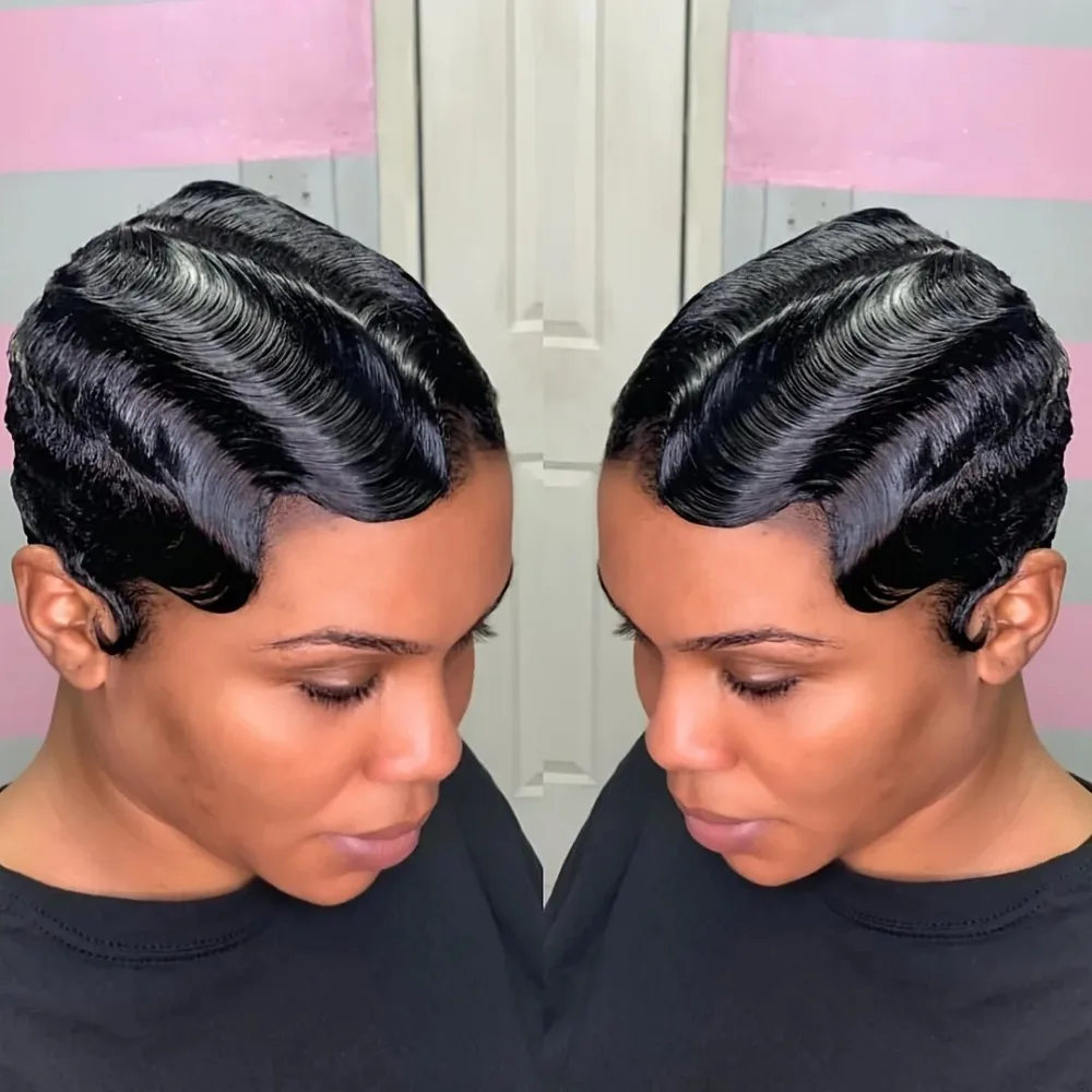 Deep Wave Finger Wave Wig Full Machine Made Human Hair Short Pixie Cut Wigs For Women