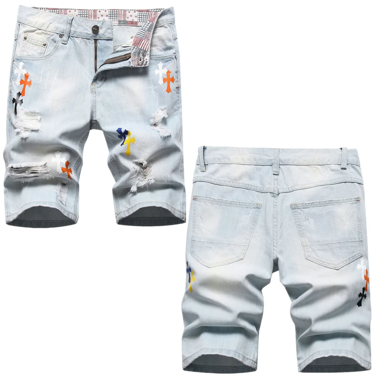 Summer Cross Embroidered Denim Shorts Men Light Blue Pants Holes Splash Ink Printed Straight Trendy Cotton High Street 2024 New