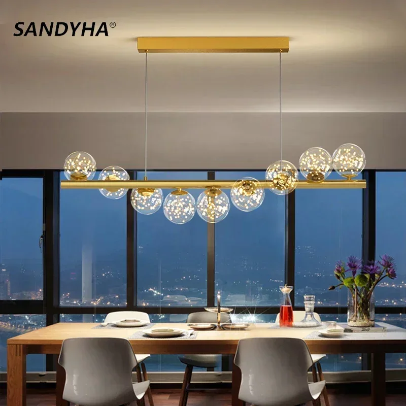 

Home Decor LED Light Nordic Modern Glass Ball Gold Gypsophila Chandelier Hotel Dining Room Kitchen Lamp Lights Fixtures SANDYHA