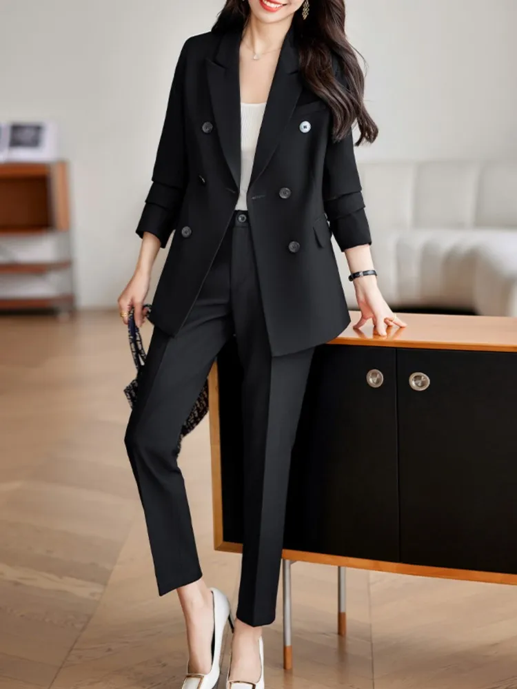 Women Fashion Korean Casual Solid Pantsuit Office Slim Vintage Elegant Business Two Pieces Set Female Chic Outfits Clothes