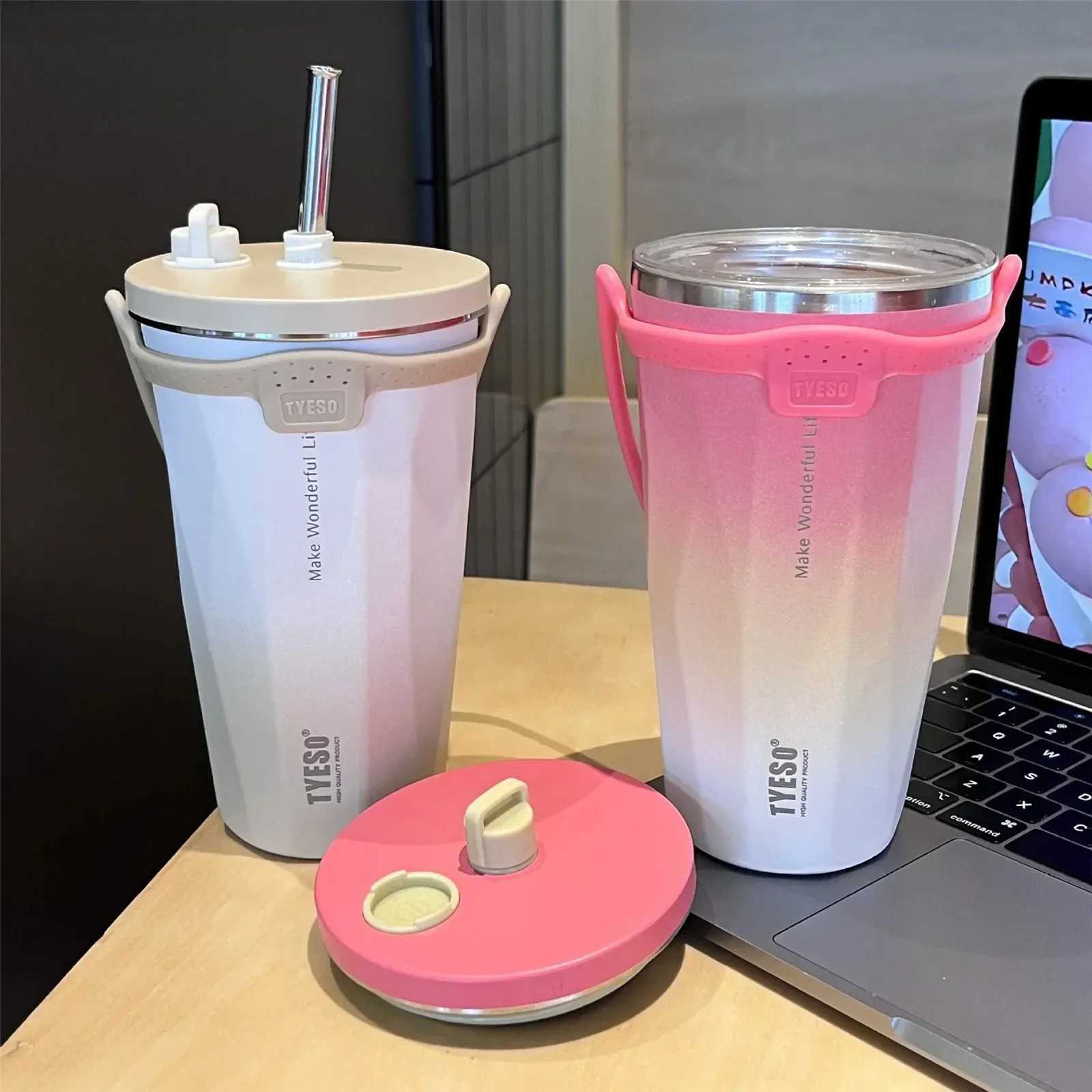 Tyeso Vacuum Insulated Coffee Cup With Straw Thermos Mug Leak-Proof 600Ml