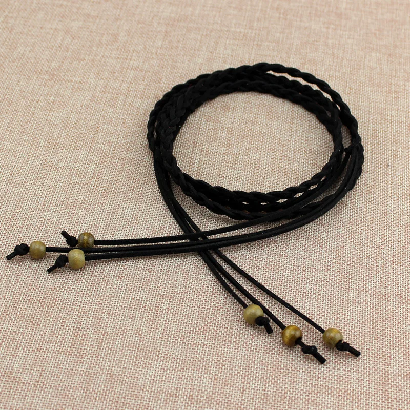 Women Waist Belt Rope Chinese Style Braided Woven Tassel Thin Belt Female Knot Decorated Waistband Hot Casual Solid Black Belts