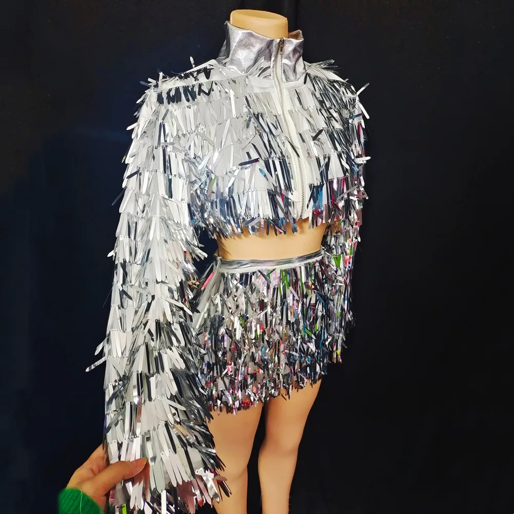 

Shining Silver Sequins Dance Outfit Short Jacket Skirt Two Piece Set Team Jazz Stage Costume Bar Dancer Performance Rave Outfits