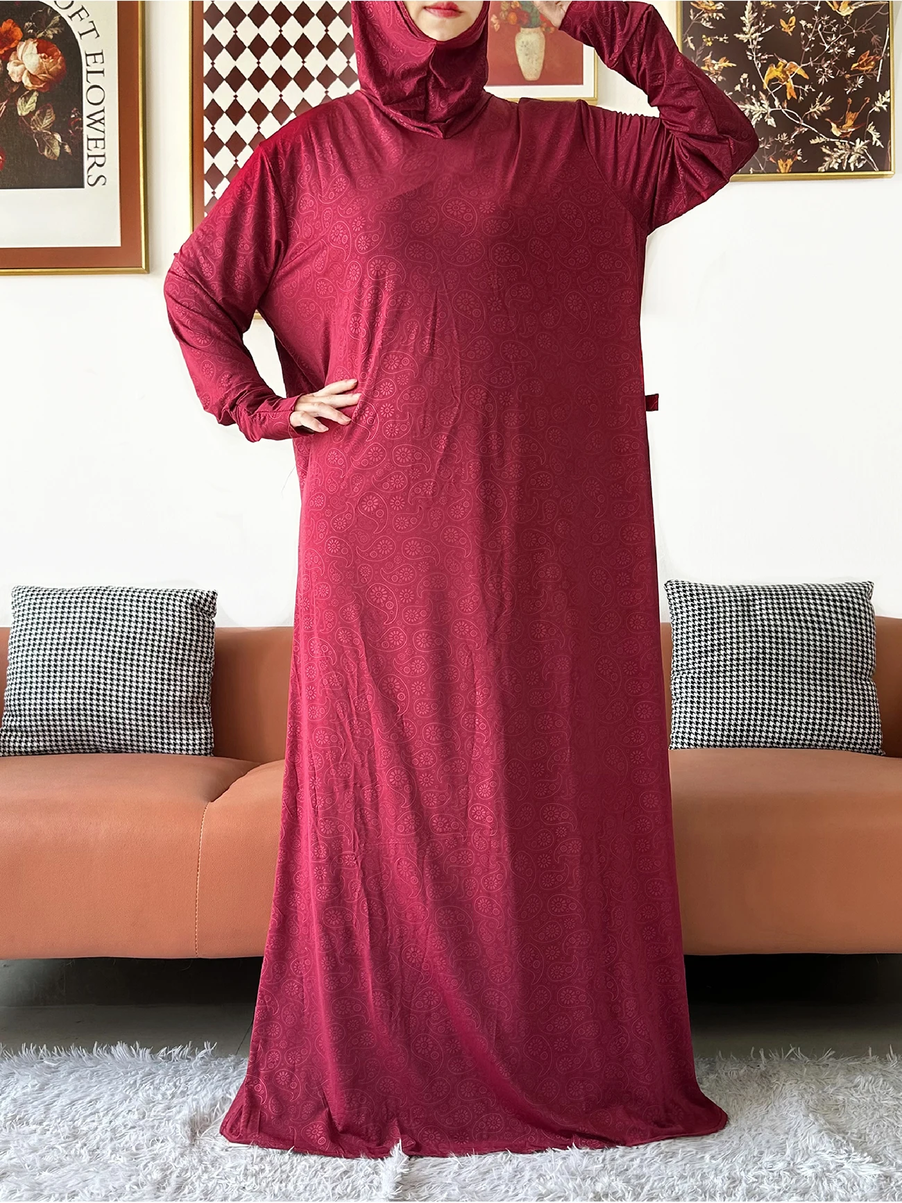 2025 Muslim Solid Abaya For Women Ramadan Prayer Garment Joint Hat Dubai Turkey Middle East Femme Robe Floral Loose Dress 5