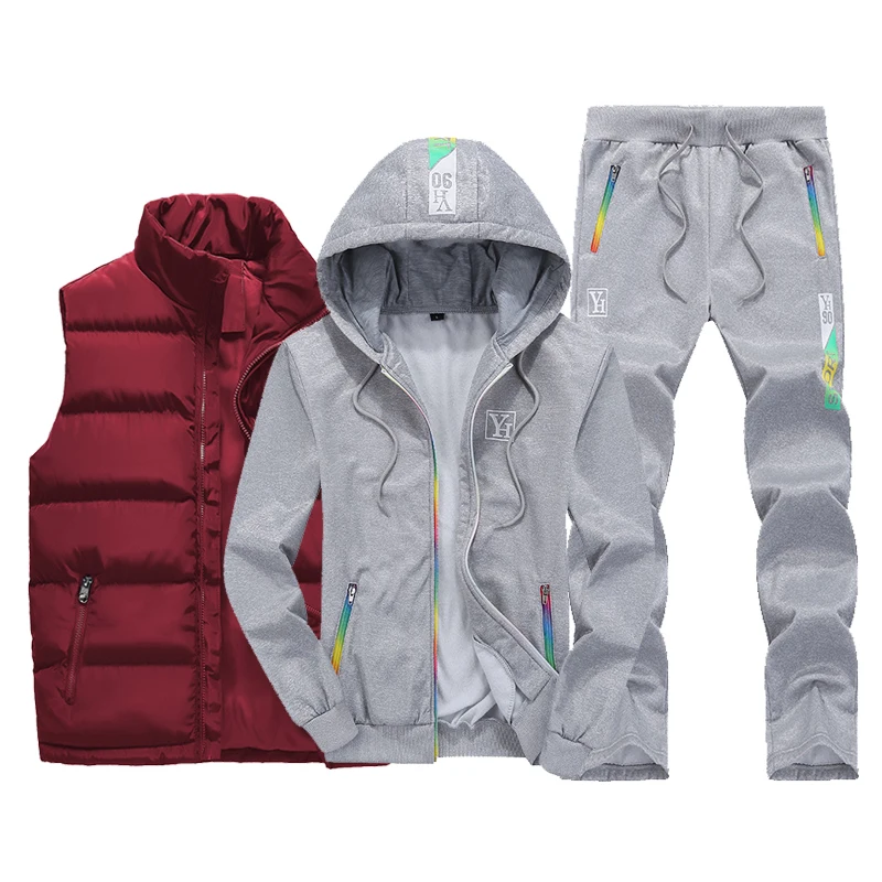 Sweat Suit New Winter Men's Clothing Men Sets 3 Pieces Vest Hoodie Set Fleece Zipper Casual Sport Sweatpant Men Tracksuit Outfit 11