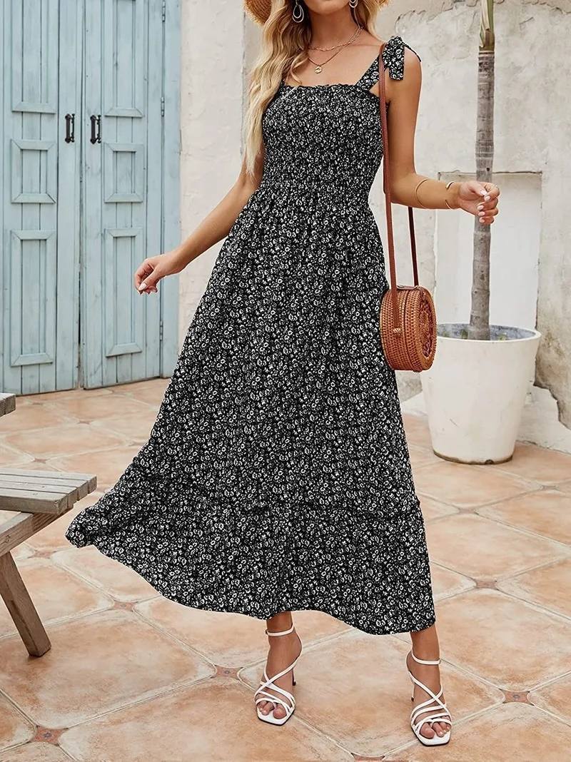 

Women's Summer Flowers Print Maxi Dress Vintage Boho Bohemian Dresses Beach Long Dress Ladies Summer Casual Sundress Holiday