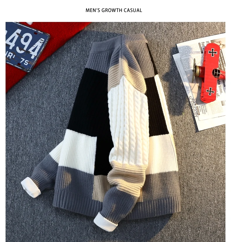 Men's Knit Sweater - Autumn Winter Plaid Patchwork Pullover | Thick Round Neck Casual