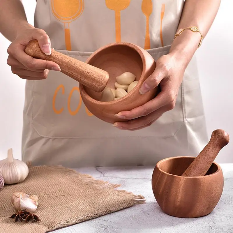 

Pounded Garlic Jar Mortar Kitchen Wooden Grinder Round Smooth Hand Polished Pestle Set For Grind Herbs Spices Grains Pepper