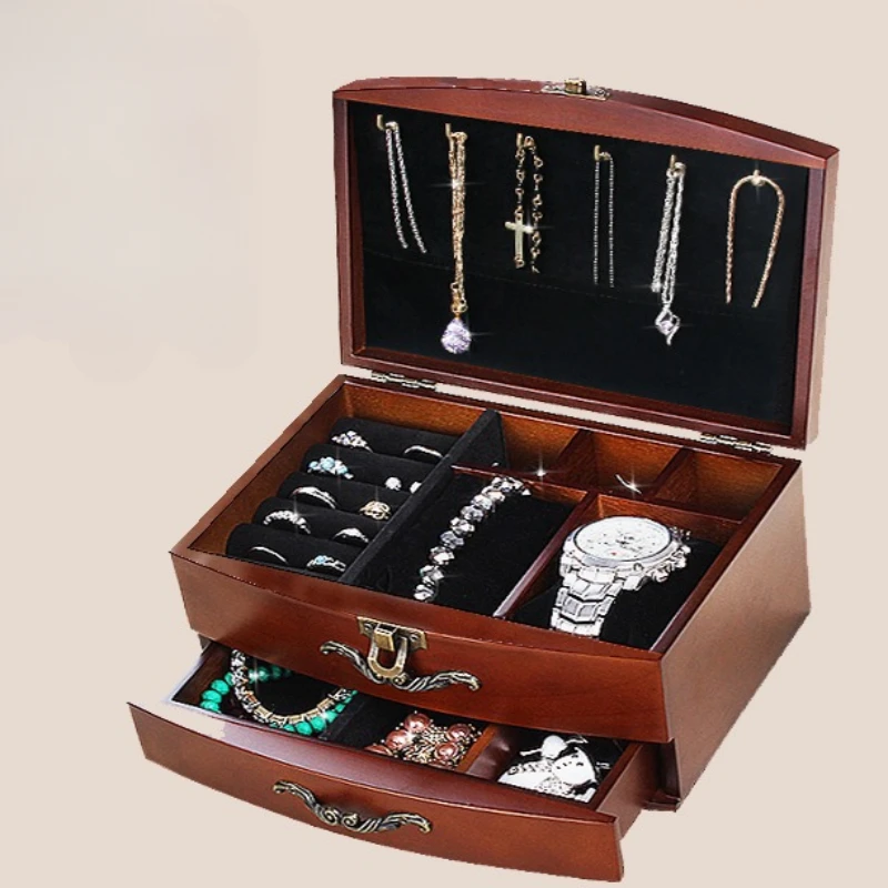 Velvet Drawer Jewelry Box Wood Necklace Earrings Jewelry Boxes Organizer Bangles Separator Tray Display Women Trinkets Storage