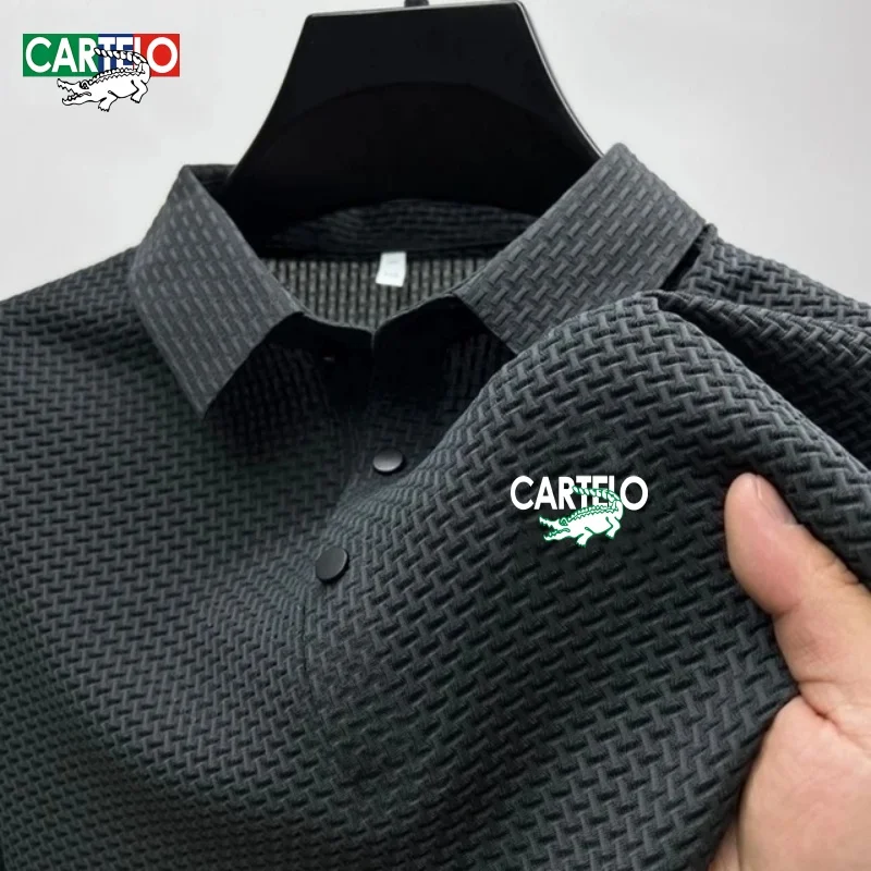 자수 CARTELO 남성용 고품질 중공 실크 부드러운 반팔 폴로 셔츠, 여름 트렌드 패션 캐주얼 통기성 T-shi
