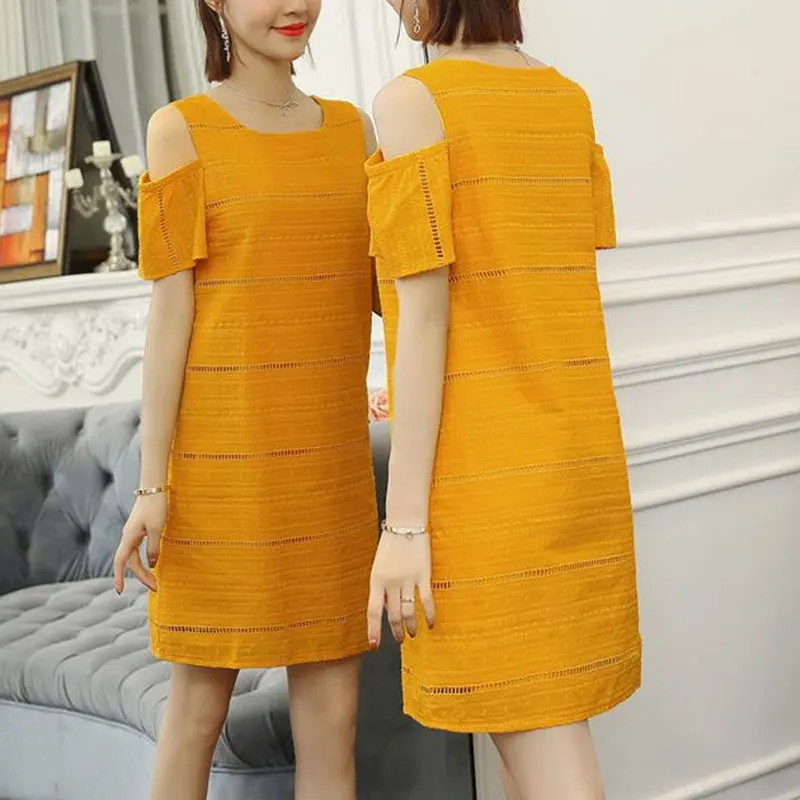 

Stylish Hollow Out Dresses Korean Off Shoulder Summer All-match Solid Color Women's Clothing Casual O-Neck Straight Mini Dress