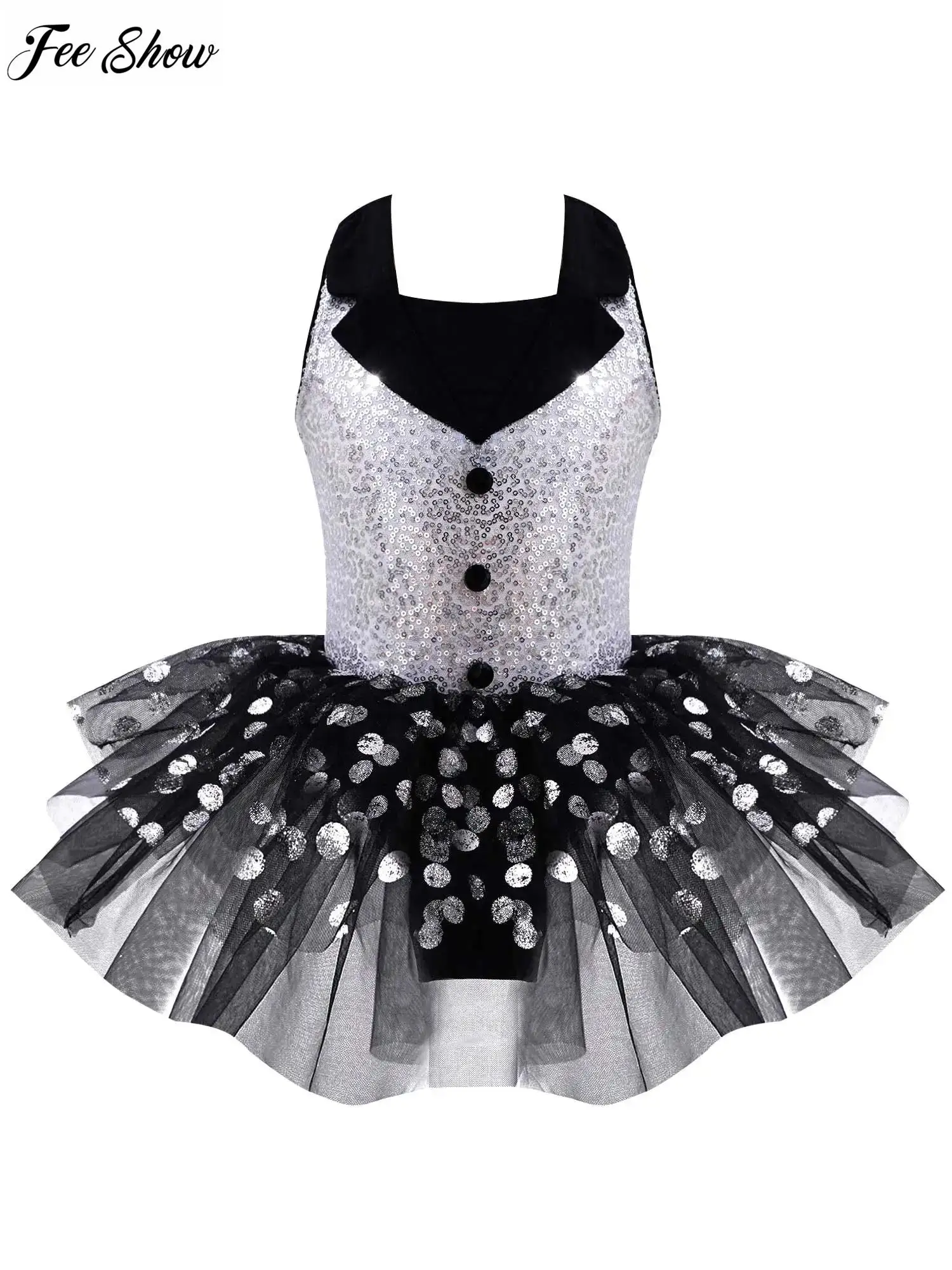 Kids Girls Ballet Dress Leotard Sleeveless Turndown Collar Straps Hollow Back Sequins Polka Dots Print Tutu Mesh Dance Dress