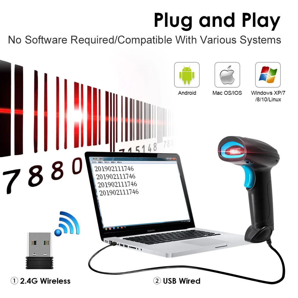 1D 2D Wired/2.4G CMOS Image Barcode Scanner 640x480 Pixels High-precision Handheld Bar Code Reader U12 For Inventory Management